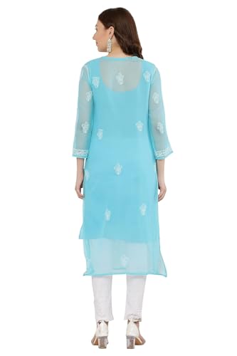 Image of FAWOMENT Women's Designer Straight Georgette Hand Embroidered Lucknowi Chikankari Kurta Designed in Side Jhaar Pattern Alongwith Slip