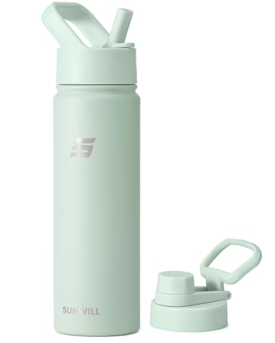 SUNWILL Metal Water Bottle with Straw Stainless Steel, 650ml Insulated Leakproof Thermal Flask with 2 Lids for Cold and Hot Drink, Running, Sports, Gym, Travel, Matcha Cream