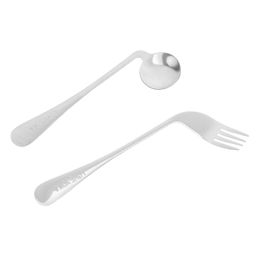 Hoement ステンレス製斜め補助食器 高齢者向け自助フォークと湾曲スプーン 滑り止めハンドル付き 耐久性と使いやすさを追求した介護用食事