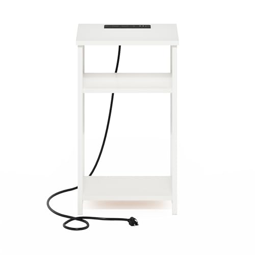 Image of Furinno Moretti 3-Tier USB and Type-C Charging Port Open Storage Side Table with Metal Frame, White /White