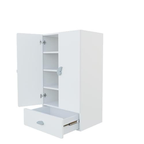 Image of VIKI Kids Wardrobe Almirah - 2 Door Kids Storage Cabinet with 1 Drawer for Bedroom, White (40x60x102 cm) | 1 Year Warranty