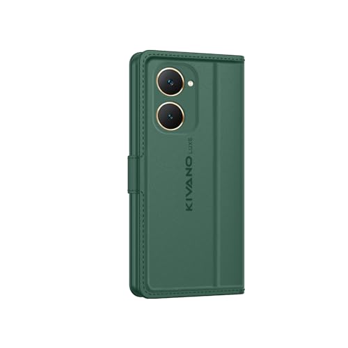 Image of KIVANO LUXE Compatible for iQOO Z9 Lite /Vivo Y28S 5G / Vivo T3 Lite Luxury Handmade Leather Magnetic Flip Folio Case | Card Holder & Kickstand | Slim Protective Cover | Unisex - Green