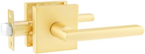 Heittis Satin Brass Passage Door Levers Square Hall Closet Handles, Gold Heavy Duty Interior Non-Locking Lever Sets, Reversible for Right & Left Side, 1 Pack