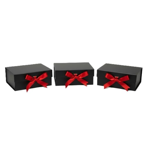 Image of Awestuffs Premium Black Gift Boxes with Red Ribbon, Decorative Gift Packaging Boxes (23 x 16 x 10 cm) for Hampers, Return Gifts, Weddings, Birthdays & Corporate Gifts (Pack of 3)