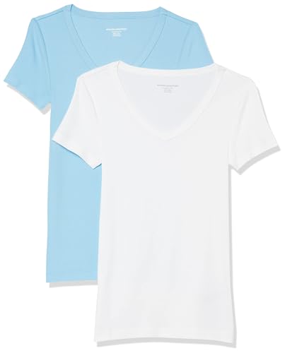 Amazon Essentials Women's Slim-Fit Short-Sleeve V-Neck T-Shirt, Pack of 2, White/Light Blue, XXL