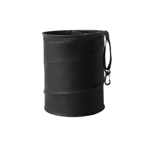 Image of Collapsible Trash Can Car Garbage Bag - Leather Pop-up Car Trash Bin with Elastic Band - Hanging Foldable Garbage Can Vehicle Waste Basket Bin - Double-Layer Washable Bag for Cars Camping (Black)