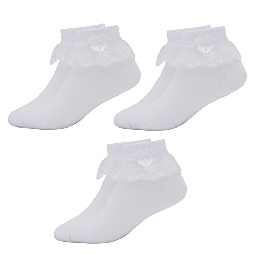 Snegyu Calcetines con volantes para niños, calcetines de tobillo para niñas, paquete múltiple de algodón con ribete de encaje blanco con lazos para niñas de 3 a 16 años, color blanco., 7-9 años