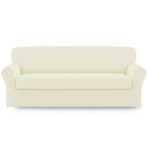 Image of Easy-Going 2 Pieces Stretch Couch Sofa Slipcover Washable | Spandex Soft Fitted Sofa Couch Cover for Sofa Furniture Protector with Bottom Kids,Pet Dog Ivory