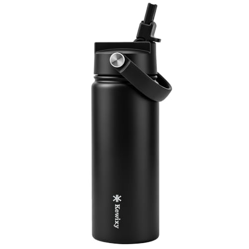 KEWIXY 18oz Insulated Water Bottle with Straw, Easy Slide Lid, Leak Proof, Keep Cold 24H, Vacuum Insulated Tumbler, Metal Stainless Steel with Handle for School, BBlack