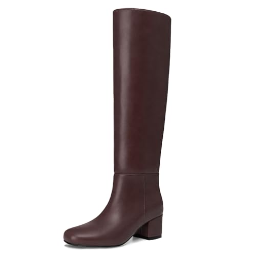 Athlefit Brown Knee High Boots for Women Chunky Low Heel Tall Boots Round Toe Fashion Pull On Booties Size 8