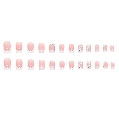 Medium Square Press On Nail French Tip Fake Nail, Full Cover Glossy Glue On Nails False Nails With Rhinestones Flowers Designs Medium White Nail Tips Pink Acrylic Nails For Women 24 Pcs #TOP6