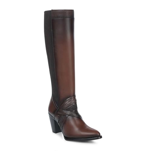 Image of Cuadra Women's Knee-High Leather Boots with Stacked Heel, 3F99RS Brown