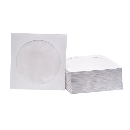 PVPKG Premium White Paper CD DVD Blu-Ray Disc Sleeves with Clear Window and Flap 100gsm Paper Envelopes for Disc Storage Space-Saving Design 100 Pack.