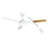 EGLO Deckenventilator SESIMBRA, 3 Flügel Ventilator mit Licht, weiß, Wendeflügel aus Schichtholz Eiche oder weiß, Fernbedienung, Sommer Winter Betrieb, warmweiß–kaltweiß, dimmbar, AC Motor, Ø 132cm