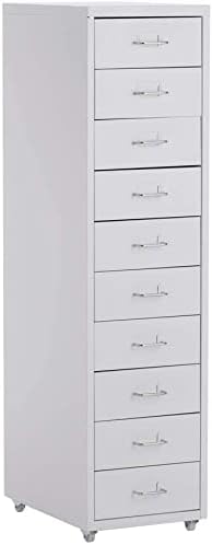 BTGGG Heavy Duty Filing Cabinet on Wheels with 10 Drawer, Metal Mobile Large Storage File Cupboard Cabinet Drawer for Office Study Home Furniture, 28 x 41 x 109.5 cm, White