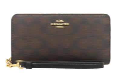 [JAPANWALLER] レディース 長財布 ラグジュアリー シグネチャー ロング ジップ アラウンド ウォレット ラウンドファスナー ストラップ付 アウトレット品 (ブラウン×ブラック) [並行輸入品]