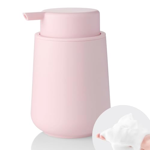 Image of YAUKPH Matte Light Pink Foaming Hand Soap Dispenser Plastic 11 oz - Modern Minimalist Style for Bathroom & Kitchen Countertop Refillable