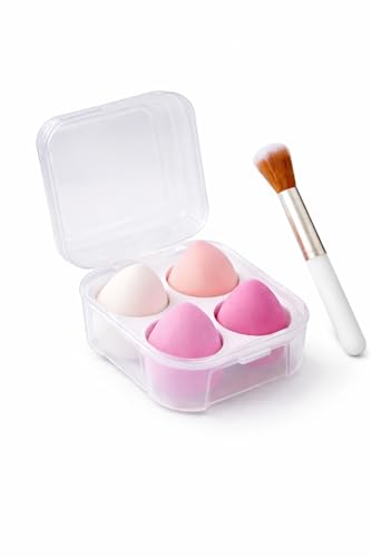 Image of Makeup Beauty Blender Sponge Set with Storage Box & Bonus Brush - 4PCS Soft Makeup Sponge for Foundation, Concealer & Powder - Cosmetic Blender for Wet & Dry Use - Professional Makeup Applicator (4 Sponge + Makeup Brush)