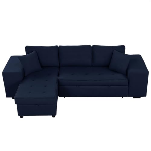 Image of FURNY Holland 6 Seater Fabric LHS L Shape Pull Out Sofa Cum Bed with Storage & 2 Puffy for Living Room (Blue)