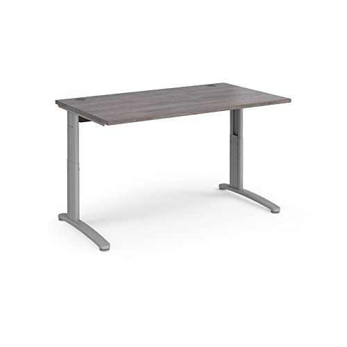 Mr Office TR10 height settable straight desk 800mm deep - silver frame, Grey oak, 1400