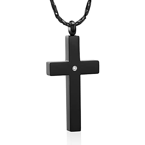 Imrsanl Crystal Cross Necklace for Ashes - Stainless Steel Keepsake Cremation Jewelry - Religious Cross Memorial Urn Necklace for Pet Human Ashes Pendant (Black-1)