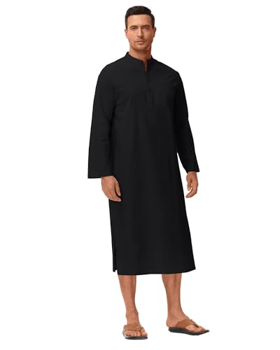 LVCBL Kaftan for Men Long Sleeve Caftan Thobe Side Split Muslim Robe Button Down Long Gown Tunic Shirts2