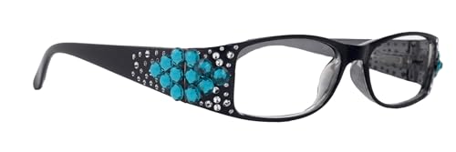 Merkel, The Diamond Crystal Shape, Bling Women Reading Glasses, Adorned W Blue Zircon Genuine European Crystals Turquoise and Black Frame. NY Fifth Avenue.