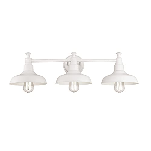 Image of Design House 579656 Kimball Industrial Farmhouse 3-Light Indoor Bathroom Vanity Light with Metal Shades for Over the Mirror, Antique White