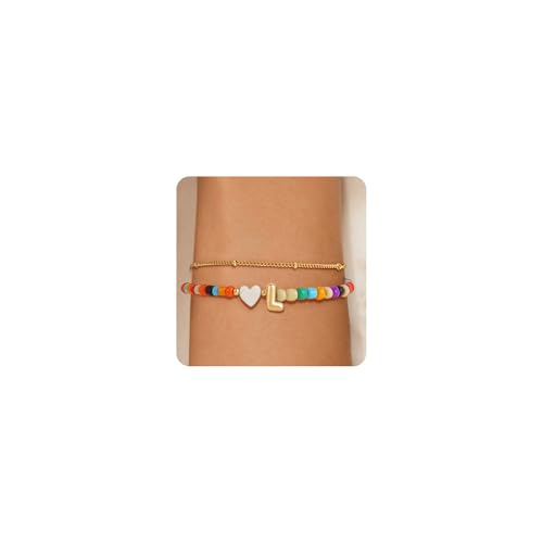 Image of Eaciy Colorful Initial Bracelets for Women Girls - 14K Gold Plated Heart Initial Letter Daint A-Z Charm Bracelet Summer Jewelry Teen Girl Gifts for Teen Kids