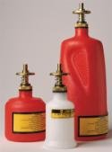 Justrite 14010 Dispenser Can, high-density polyethylene. Brass valve opens when depressed, automatically closes. Leak-tight closure controls. 32 oz. capacity, color is red. 10 1/2" H, 4" O.D. FM Approved.