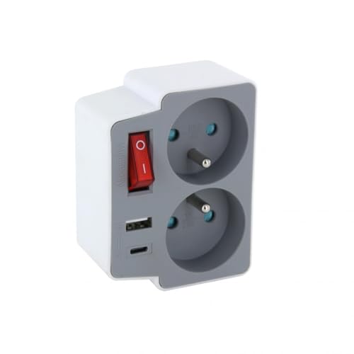 Domino 2x16A + USB-A/C + interrupteur - gris/blanc - Chacon