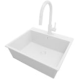 PRIMAGRAN Lavandino da Cucina Tutto Bianco 58x50cm, Lavello in Granito a 1 vasca + Rubinetto 40x20cm + Set di accessori, Lavabo da Cucina Incasso al Mobile 60cm - Riga S326