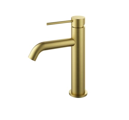 DILECI - Grifo de pico alto para baño de oro cepillado, mezclador de lavabo de diseño moderno y acabado dorado, control preciso de temperatura y flujo – Grifo duradero y resistente a la corrosión
