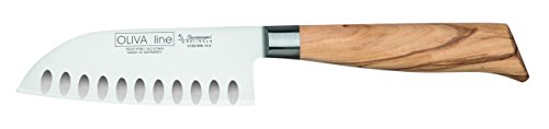 Burgvogel Solingen Santokumesser 13 cm geschmiedet Olivenholz, Oliva Line, rostfrei, deutsches Japanisches Kochmesser mit Kullenschliff, hell, scharf, braun beige, 6100.926.13.6
