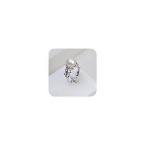 925 Sterling Silver Floral Pearl Ring, Vintage Open Band White Pearl Jewelry with Platinum Plating, Adjustable Nature-Inspired Statement Ring