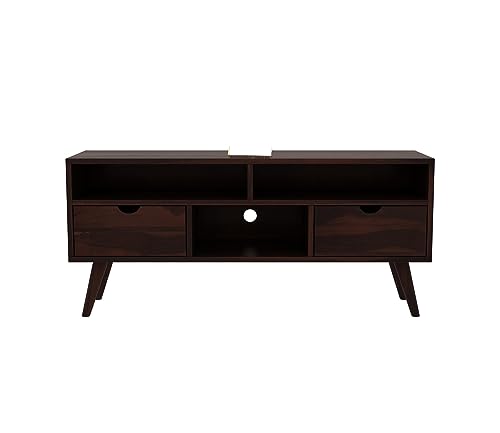 Image of Sheesham Wood TV Unit with 2 Drawers and 3-Shelf Storage - Perfect for Living Room - Fits up to 50-Inch TV (Medora, Walnut Finish)