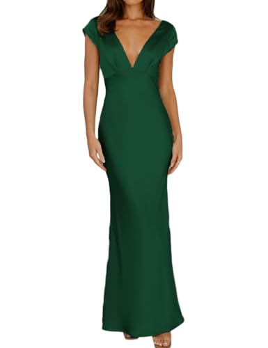 Image of Halfisland Womens Summer Satin V Neck Cap Sleeve Midi Dress Wedding Guest | 2026 Summer,Backless,Hollow Out,Long,Formal,Cocktail,Twist,Bridesmaid,Party,Baby Shower,Short Sleeve,Beach,Elegant,Evening
