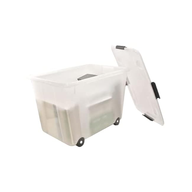 Advantus Rolling Storage Box with Snap Lid, Plastic Storage Bin, Christmas Storage Containers with wheels, Rolling Storage Tote, 15 Gallon, Clear