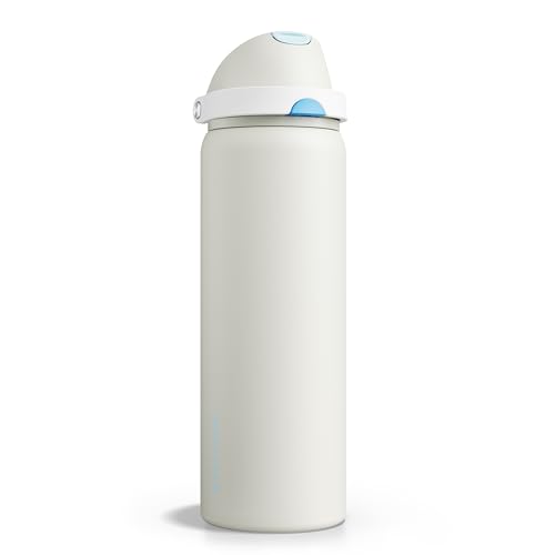 Image of Insulated Water Bottle with Straw - Encool Stainless Steel Water Bottle with Push Button Lid, Leak-Proof & BPA-Free, Keeps Cold for 24 Hours for Sports, Travel, Gym (32 oz, Kangaroo Grey)