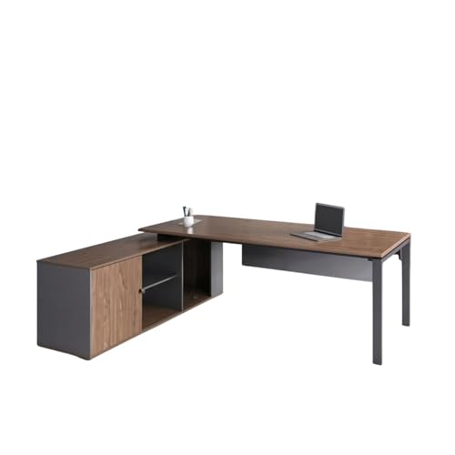 Image of TEKAVO ProNook L Shaped Executive Table with Storage, Director Office Table I Brown & Dark Grey Wood, Metal (180 Cm x 160 Cm x 75 Cm) - DIY