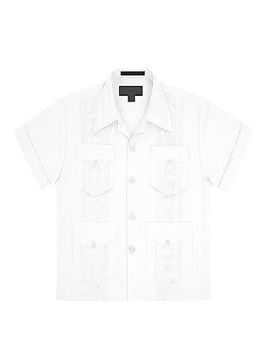 G-Style USA Boys Junior Kids Youth Guayabera Cuban Short Sleeve Collared Embroidered 4 Pocket Cotton Blend Shirt 2017-KS - White - 2