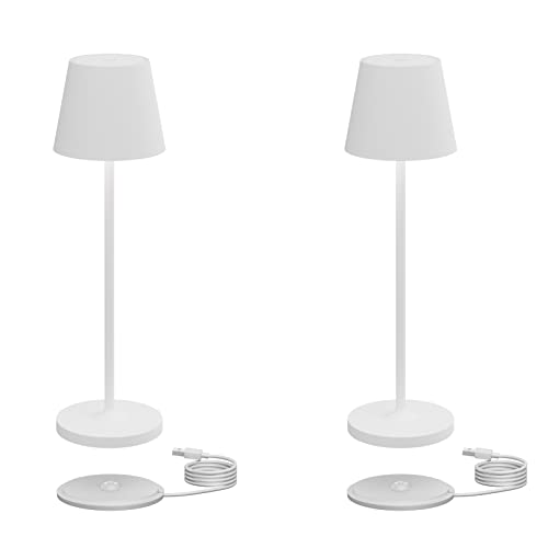 Klighten Lot de 2 LED Lampe de Table Rechargeable, Lumière Chaude 3000K Réglable Aluminium Lampes de Bureau avec Station de Chargement USB, Blanc, IP54,...