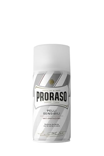 Proraso Espuma afeitar, 300 ml, crema afeitar que protege la piel sensible, gel afeitar nutritivo con extractos de avena y té verde, blanco