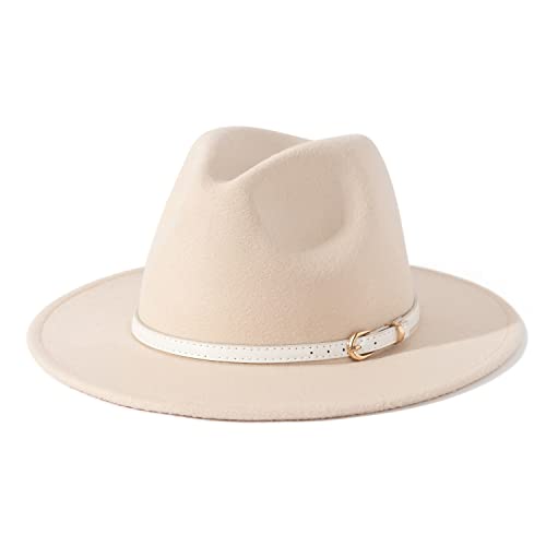Lisianthus Women Classic Felt Fedora Wide Brim Hat with Belt Buckle, White Belt-creamy, M