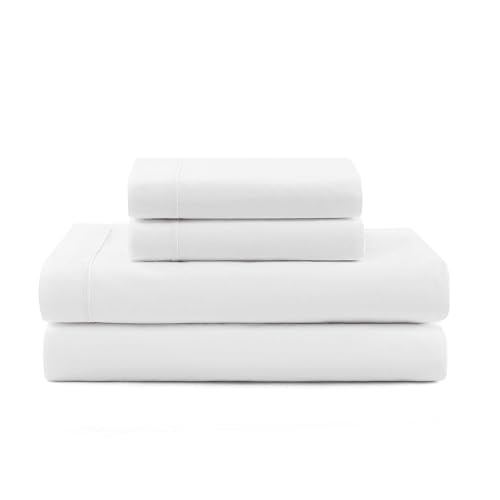 Image of Tommy Hilfiger - Sheet Set, Cotton Percale Bedding with Matching Pillowcases, Crisp & Cool, Solid Design with Hem Stripe (White, Full)