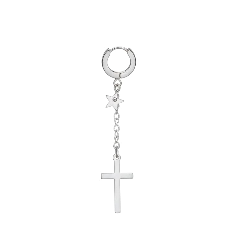 Nuraad Men's Stainless Steel Cross and Star Dangle Hoop Earrings, Silver Tone Long Chain Drop Hinged Jewelry for Boys-image-23