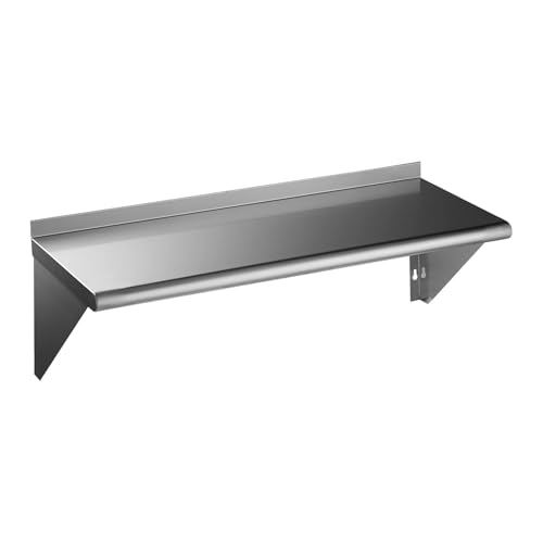 Image of ROCKPOINT Stainless Steel Shelf 14 x 36 Inches 300lb, NSF Metal Commercial Shelves Wall Mount Floating Shelving with Backsplash for Restaurant, Kitchen, Home and Hotel, Silver
