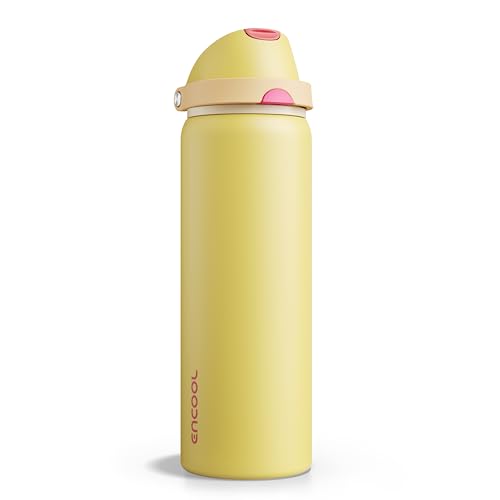 Image of Insulated Water Bottle with Straw - Encool Stainless Steel Water Bottle with Push Button Lid, Leak-Proof & BPA-Free, Keeps Cold for 24 Hours for Sports, Travel, Gym (32 oz, Ginger)