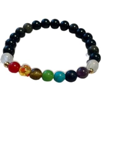 Bracelet 7 chakras perles obsidienne noire 8mm authentiques de qualité supérieure