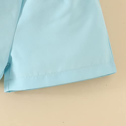 Lykmera Camiseta para meninas de manga curta com babados e nervuras, shorts, roupas para meninas (az